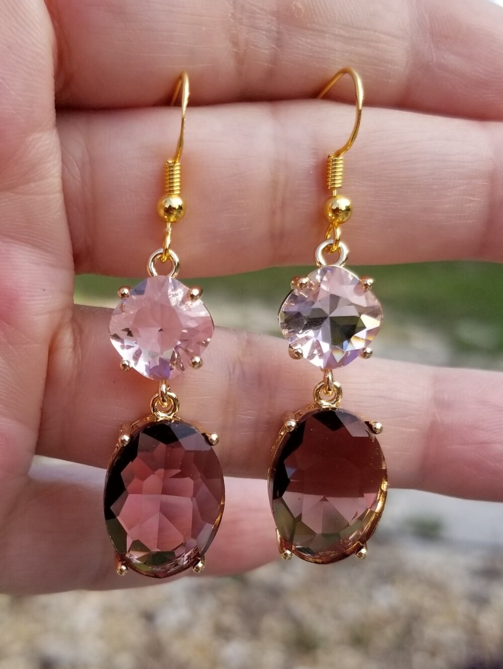 14k Gold Pink Tourmaline & Smoky Amethyst Dangle Earrings, Amethyst Jewelry